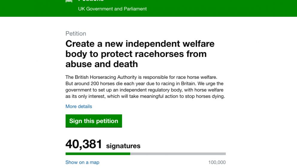 Animal Aid horse racing petition, 40,000 signatures