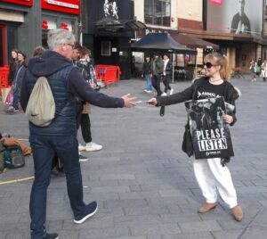 Animal Aid holds peaceful demo in Leicester Square calling on the public to “listen” to the Terror on Our Tables
