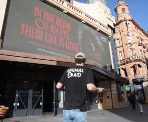 Animal Aid holds peaceful demo in Leicester Square calling on the public to “listen” to the Terror on Our Tables