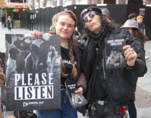 Animal Aid holds peaceful demo in Leicester Square calling on the public to “listen” to the Terror on Our Tables