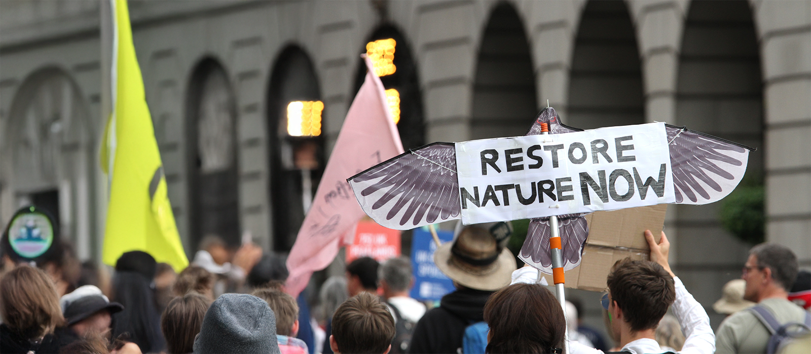 A placard that reads 'restore nature now'
