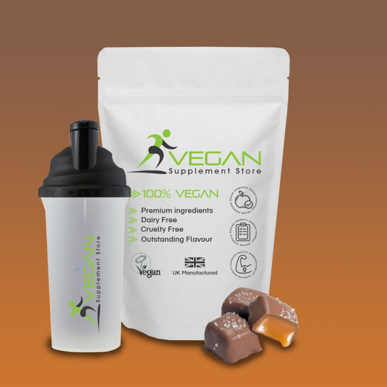 An image showing vegan protein powder and a shaker bottle