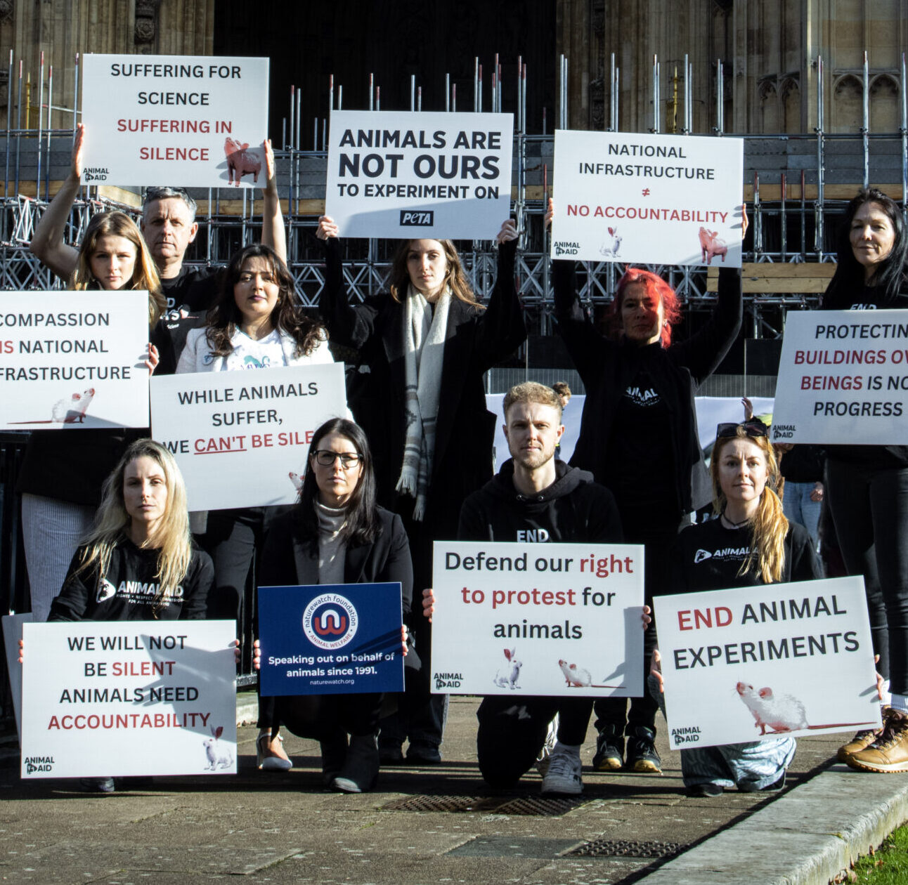 Protestors stand outside houses of parliament